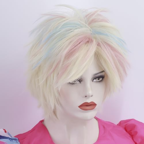 Cfalaicos Short Blonde Pink Blue Cosplay Wig for Women with Bandana and Glasses Spiky Colorful Cosplay Wigs for Adult Halloween Movie Party (Blonde Pink Blue Mixed)