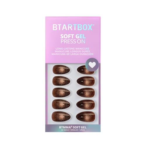 BTArtbox Press On Nails Short - Mocha Hypnotic, Almond Brown Spakly Cat Eye Press On Nails with Glue and Adhesive Tabs for Women, Soft Gel Glue On Nails in 16 Sizes - 32 Stick On Nails Kit