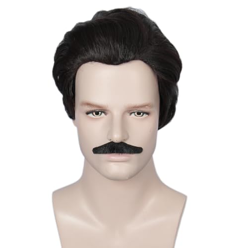 Linfairy Men Short Black Brown Wig with Mustache Halloween 70s 80s Cosplay Party Wigs