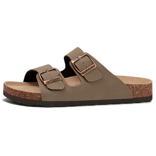 Litfun Unisex Cork Footbed Sandal Summer Slip On Slide Sandals with Adjustable Buckle for Women Men, Brown (13.5-14 Women/12-12.5 Men)