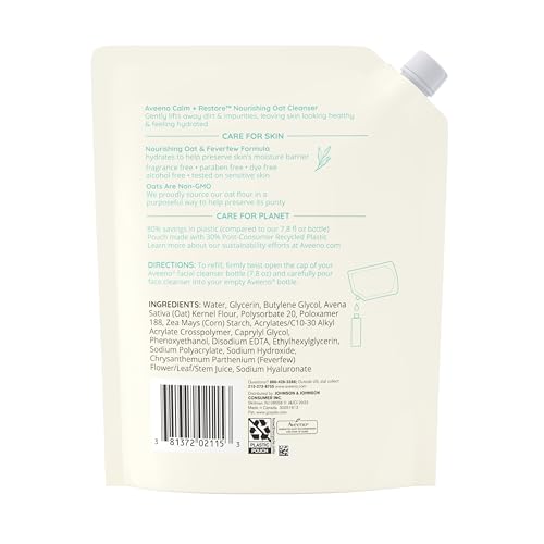 Aveeno Calm + Restore Nourishing Oat Cleanser, Daily Hydrating Facial Cleanser & Face Wash for Sensitive Skin, Non-Foaming, Hypoallergenic, Non-Comedogenic, Fragrance-Free, with Feverfew, 7.8 fl oz