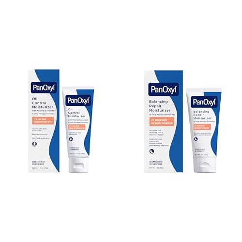 PanOxyl Moisturizer Bundle - AM Oil Control SPF 30 (1.7 oz) & PM Niacinamide Repair (3 oz) for Acne-Prone Skin