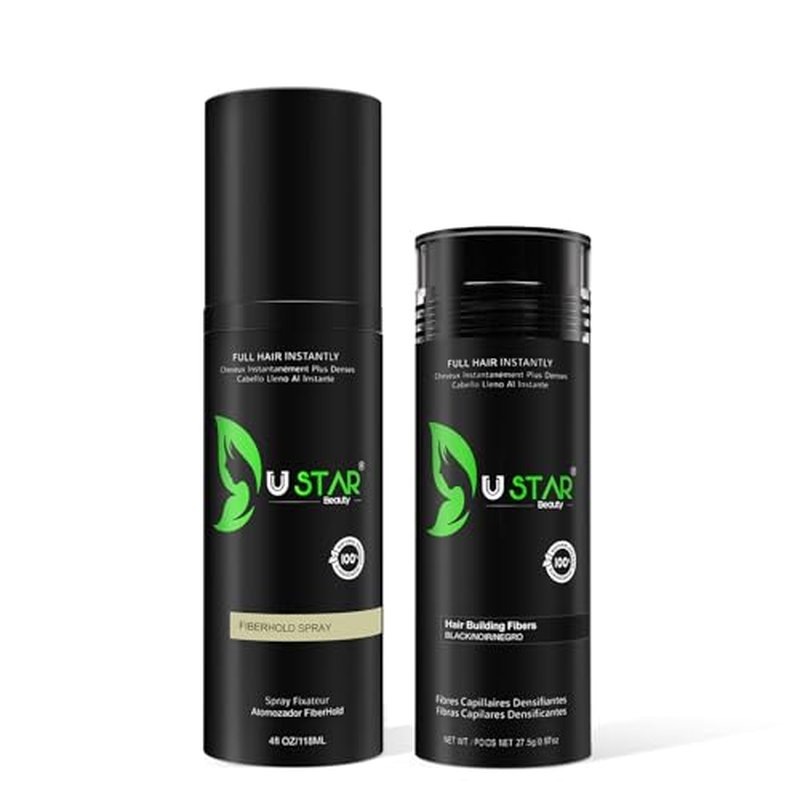 Ustar Hair Fibers 27.5g - Hair Building Fibers for Thinning Hair for an Instantly Fuller, Thicker Look - Hair Fibers for Men & Women with and Holding Spray 118ml (Black)