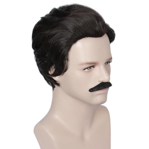 Linfairy Men Short Black Brown Wig with Mustache Halloween 70s 80s Cosplay Party Wigs