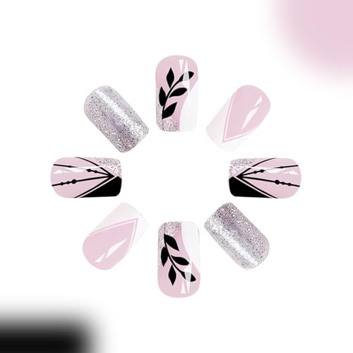 Short Press Square False Nails with Sfumato Designs - Pink Full Cover Glossy Fake Acrylic Artificial Nails - Gold Foil Stick On - 24 Pcs