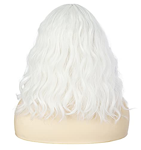 JoneTing White wig +(Wig Cap) with Bangs Cosplay Costume Synthetic Short Natural Wavy Wigs for Women Halloween Christmas Costume Party Wig