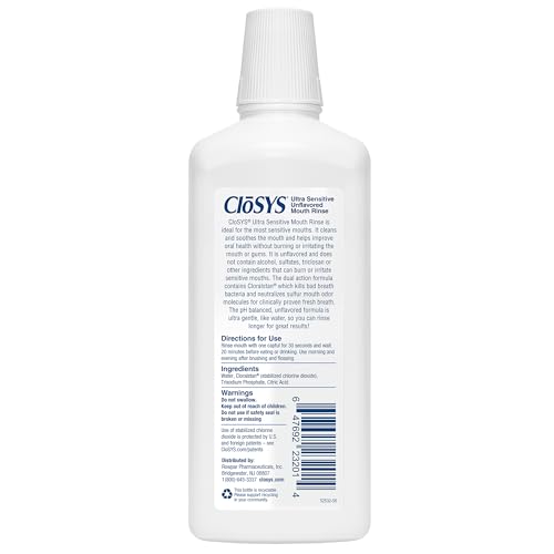 CloSYS Ultra Sensitive Mouthwash, Unflavored Alcohol Free, Dye Free, pH Balanced, Helps Soothe Entire Mouth – 32 Oz