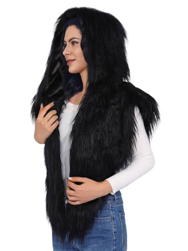 GORAIS Women Hooded Faux Fur Collar Fur Shoulder Wrap Cosplay Costume Fur Cape for Halloween Outfit Black