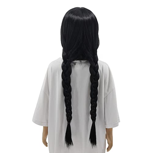 WildCos Long Straight Black Braided Fashion Halloween Wig with Bangs Long Braid Cosplay Wig for Women