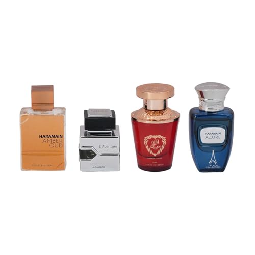 Al Haramain Fragrance Discovery Set for Men & Women – 4×10ml Perfume Gift Set (Amber Oud Gold Edition, L’Aventure, Azlan Oud Saffron, Azure)
