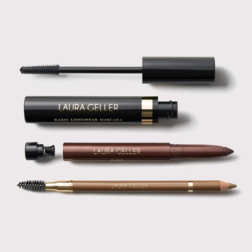 LAURA GELLER Laura’s 3 E’s Eyeliner, Eyelash & Eyebrow Kit for Mature Skin | Medium Brown | Kajal Longwear Eyeliner, Kajal Longwear Mascara & Bravo Brows Soft Pencil + Brush