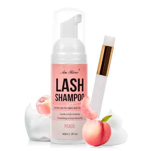 Lash Shampoo for Lash Extensions 60 Ml/2fl.oz Eyelash Extension Cleanser Oil Free Lash Cleanser for Eyelash Care, Gentle Foaming Eyelash Shampoo with Brush for Salon Home Care (Peach 60ml)