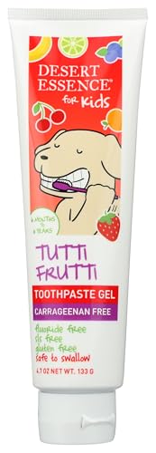 Desert Essence Fluoride-Free Toothpaste Gel for Kids - Tutti Frutti Flavor - Safe for Toddlers and Babies - Gluten-Free, SLS-Free, Non-Fluoride - Safe to Swallow with Xylitol and Aloe, 4.7oz