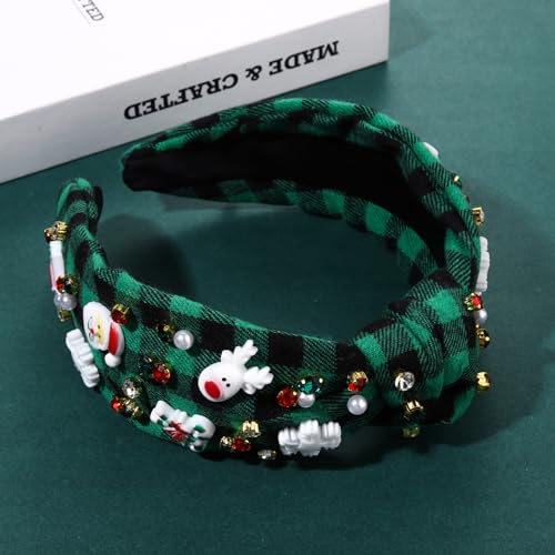 Christmas Holiday Headband for Women Christmas Accessories Cute Reindeer Snowflake Candy Cane Knotted Headband Red Green Beaded Rhinestone Pearl Wide Top Knot Headband Xmas Plaid Hairband Gifts