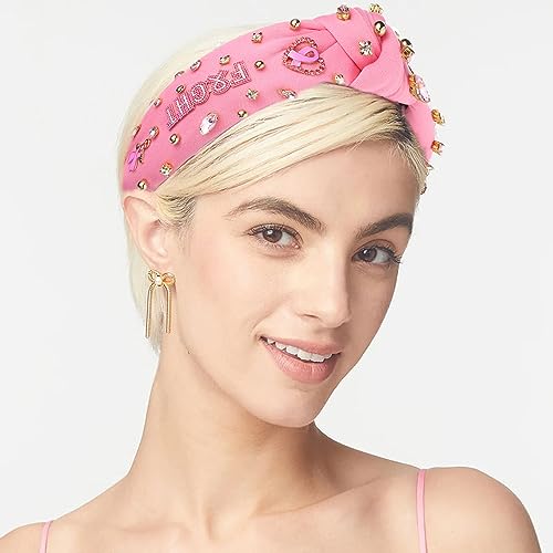 Breast Cancer Awareness Crystal Knotted Headband for Women Pink Ribbon Rhinestone Beads Headband Headpiece Top Knot Twist FIGHT Wide Breast Cancer Awareness Hairband Accessories for Girls (pink ribbon