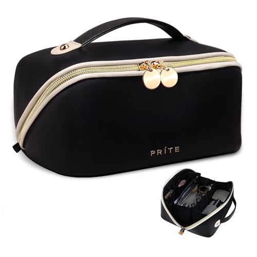 Prite Makeup Bag for Women Travel Waterproof Vegan Leather Cosmetic Bag Open Flat Toiletry Bag With Clear Divider and Handle (Plaid Pink)