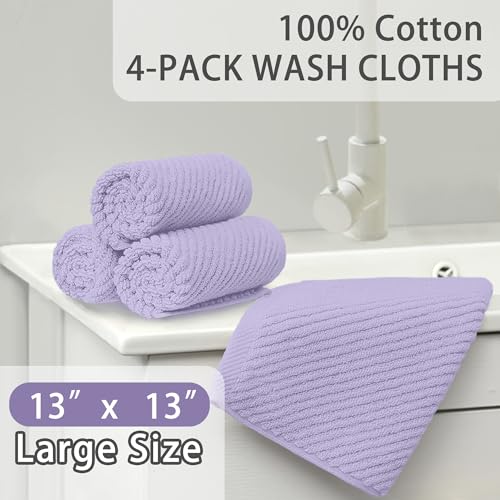 VOOVA & MOVAS Soft Wash Cloths 13"x13" - 100% Cotton | Lightweight | Thick | Quick Dry | Soft | Absorbent, 4 Pack Hand Towels, Wash Cloths for Bathroom, Bathroom Essentials, Purple | Lilac