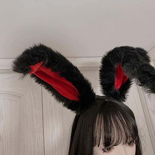 Jilneed Bunny Ears Headband,Plush Hair Accessories for Women Girls Cute Rabbit Ears Headbands (Black Red)