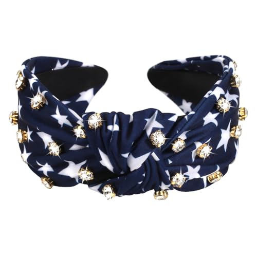 Ardorchid 4th of July Headbands for Women Girls America Independence Day Patriotic Headbands Rhinestone Knotted Wide USA Blue Star Hair Accessories