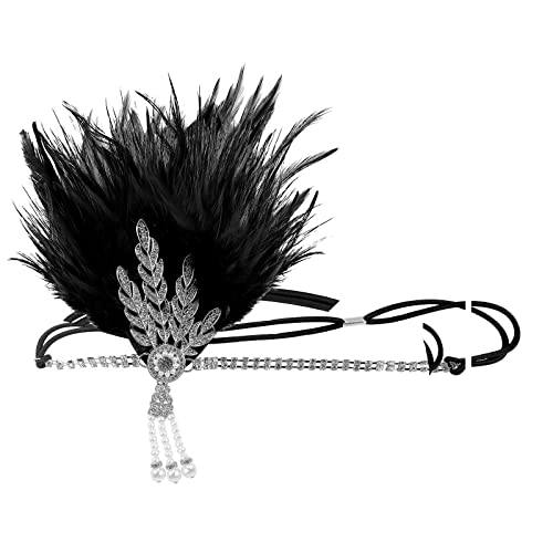 1920s Vintage Flapper Headbands Crystal Headpiece Ostrich Feather Hair Band for Women Girls Prom Party Festival Gatsby Hair Jewelry (B-Silver-black)