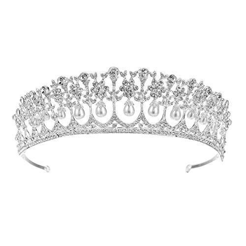 SSNUOY Pearl Princess Crowns Wedding Tiara for Women Silver Rhinestone Crown Bridal Princess Hair Accessories