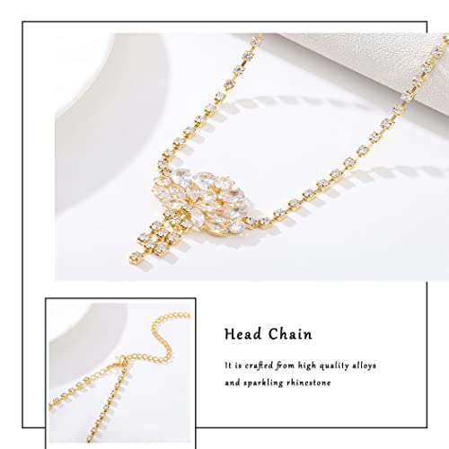 Blindery Rhinestone Head Chain Jewelry Bridal Chain Headpiece Crystal Hair Chain Jewelry Festival Wedding Halloween Hair Accssory for Women and Girls (Gold1)