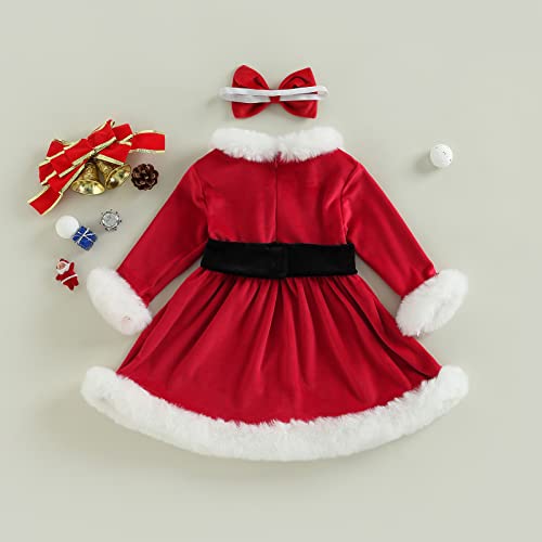 Baby Girls Christmas Dress Velvet Santa Claus Dress Long Sleeve Plush Xmas Princess Party Cosplay Costume Dress (M-Red, 3-6 Months)