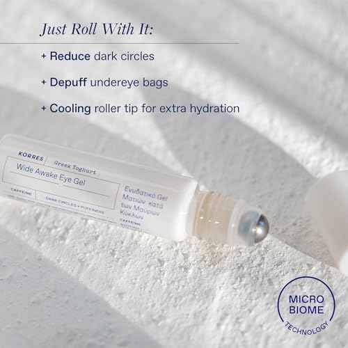 KORRES Greek Yoghurt Wide Awake Eye Gel Serum with Hyaluronic Acid and Caffeine for Dark Circles, Puffy Eyes and Under Eye Bags, Roller Massage Ball Applicator, Brightening and Hydrating, 0.51 fl oz