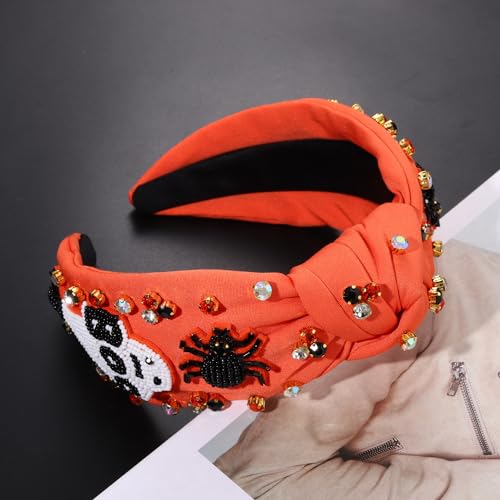 NVENF Halloween Headband Accessories for Women Crystal Pearl Knotted Headband Embellished Beaded Pumpkin Candy Corn Boo Headbands Rhinestone Jeweled Top Knot Headband Costume Party Favors (Ghost 4)