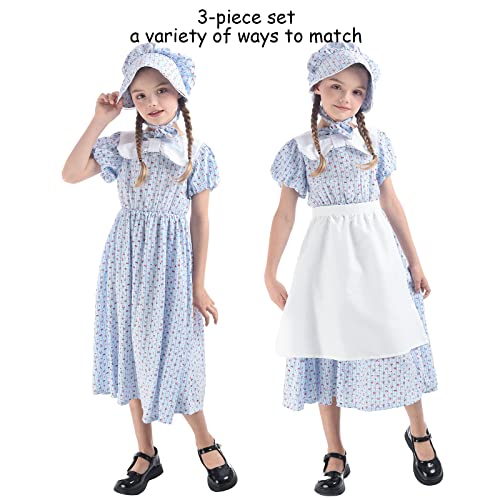 LTAKK Prairie Dresses Girls Pioneer Colonial Costume Girl Pilgrim Dress with Apron and Bonnet, Blue Plaid Floral, Small