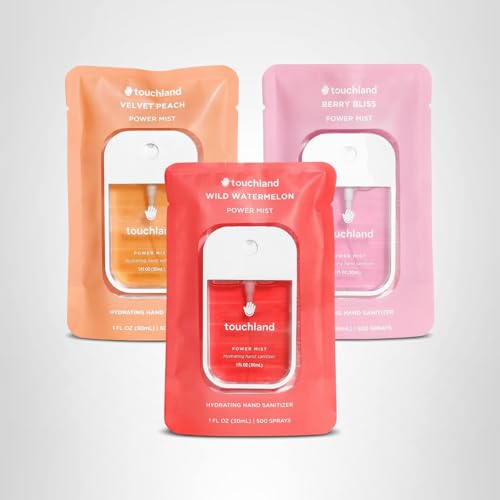 Touchland Hydrating Hand Sanitizer Spray – Juicy Trio Set (Wild Watermelon, Velvet Peach, Berry Bliss) – 3 x 1 FL OZ Travel Size Mists