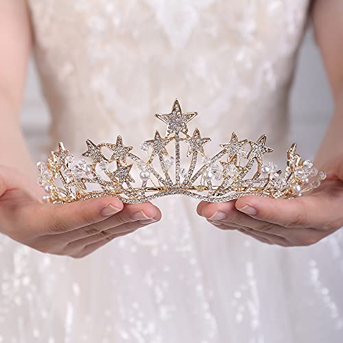 Wekicici Rhinestone Tiara Star Wedding Princess Crown Bridal Headpiece Crystal Headband Gifts for Women Birthday Prom Bridal Party Pageant Halloween Costume(Gold)