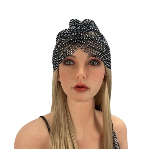 Sparkly Rhinestones Mesh Headband Beanie Women Girls Crystal Net Turban Headwrap Headpiece Glittery Christmas Halloween Costume Hairbands Nightclub Rave Party Head Cover Wraps Headscarf