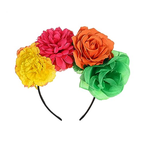 Fleursun Mexican Flower Crown Frida kahlo Headband Dia De Los Muertos Flower Crown Halloween Party Costume Headpiece (Red yellow orange blue)