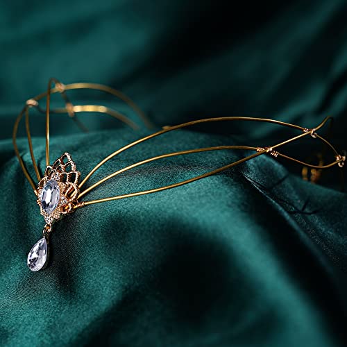 CoTeeZa Medieval Celtic Fairy Circlet Vintage Viking Crown Gold Wedding Headband Handmade Crystal Headpiece Elf Princess Tiara Women Flower Costume Hair Accessory Wreath for Queen King Prom Cosplay