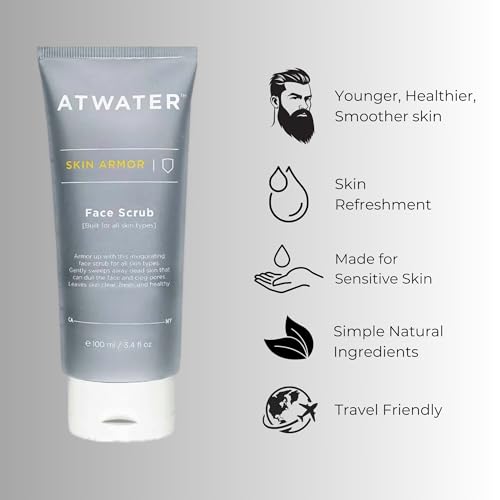 ATWATER Skin Armor Exfoliating Face Scrub,Men’s Facial Cleanser - Smoothes and Cleans Skin to remove Dead Skin - Travel Size Mens Face Exfoliator Leaving you Fresh and Vibrant - 3.4 oz