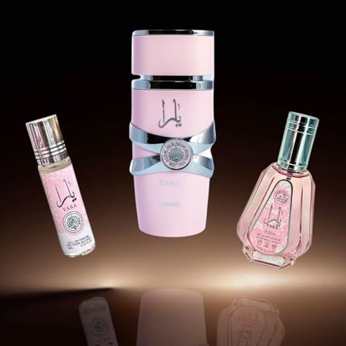 Lattafa Yara 3-piece Fragrance Bundle for Women (3.4 Oz Eau de Parfum Spray + 1.7 Oz Eau de Parfum Spray + 0.34 Oz Roll-On Perfume Oil)
