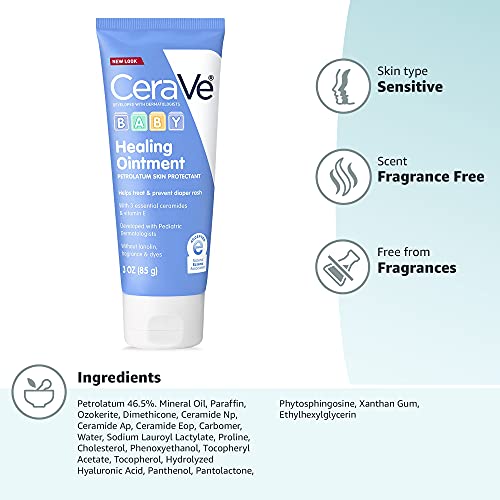 CeraVe Diaper Rash Cream, Baby Healing Ointment for Extra Dry, Cracked Skin, Diaper Cream with Ceramides & Vitamin E, Lanolin, Fragrance, Paraben, Dye, Phthalates & Sulfate Free, 3 Ounce