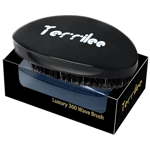 Terrilee Palm Wave Brush - 360 Curved Beech & Medium Hard Boar Bristles for Black Men's Wave Hairstyling (Black with box)