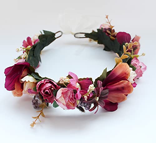 Vivivalue Adjustable Flower Headband Women Floral Crown Hair Wreath Flower Headpiece Halo Boho with Ribbon Wedding Party Festival Photos Maroon