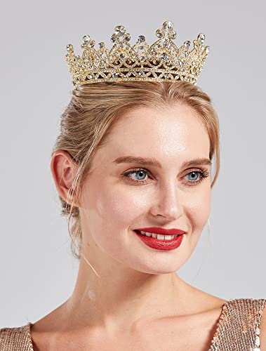 SH Full Round Queen Crown for Women, Gold Rhinestone Wedding Tiara Birthday Pageant Prom Crystal Headpiece Cake Topper