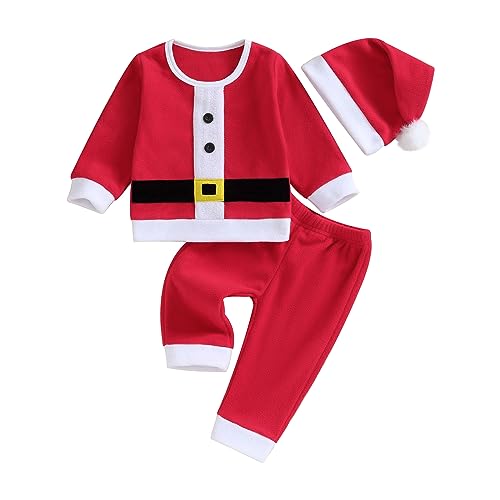 Emmababy Santa Costume Infant Baby Boy Velvet Outfit Toddler Girls Christmas Outfit Button Down Plush Jacket Coat Pants Hat(Christmas Outfits,6-12 Months)