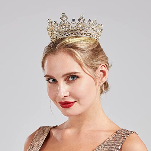 SH Full Round Queen Crown for Women, Gold Rhinestone Wedding Tiara Birthday Pageant Prom Crystal Headpiece Cake Topper