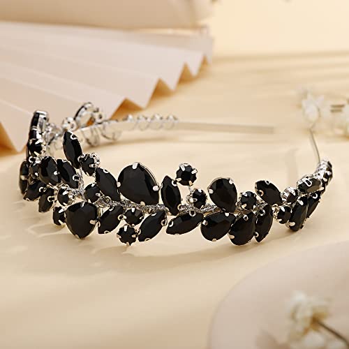 Teyglen Bridal Black Crystal Headband Handmade Crystal Rhinestone Hair Band Vintage Blue Black Red Headpieces Full Crystal Hair Hoop Wedding Hair Accessories for Women Bride Girl Party Prom