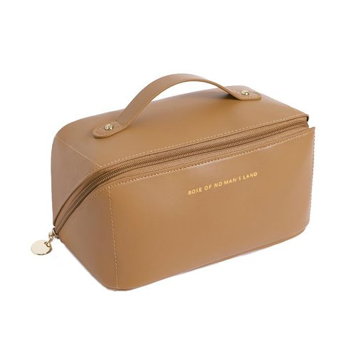 Travel Makeup Bag,Large Capacity Cosmetic Bags for Women,Waterproof Portable Pouch Open Flat Toiletry Bag Make up Organizer with Divider and Handle,PU Leather Gifts for Women Mom-K6202 (Brown)