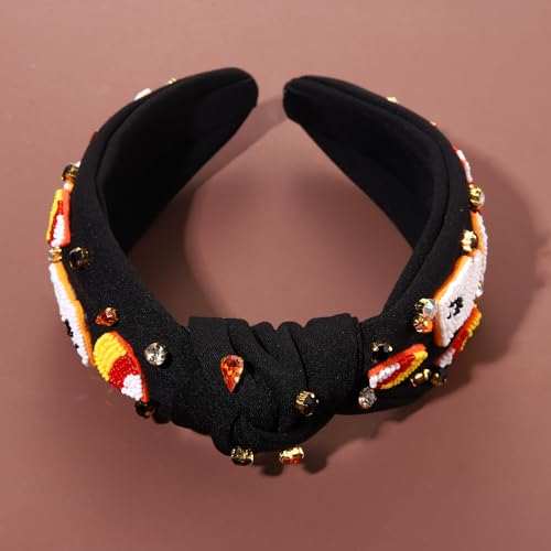 NVENF Halloween Headband Accessories for Women Crystal Pearl Knotted Headband Embellished Beaded Pumpkin Candy Corn Boo Headbands Rhinestone Jeweled Top Knot Headband Costume Party Favors (Ghost 3)