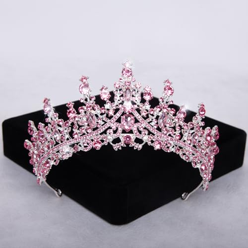 Trnerm Pink Crown Crystal Wedding Crown for Women, Pink Tiara Queen Princess Crown, Rhinestone Tiara for Women, Hair Accessories for Quinceanera Pageant Prom Birthday Halloween Cosplay