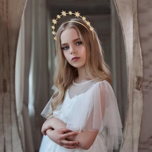 Formery Star Goddess Halo Crown Rhinestone Mary Halo Crown Headbands Cosplay Photo-shoot Halloween Stars Headpiece Hair Accessories for Girls (Gold)