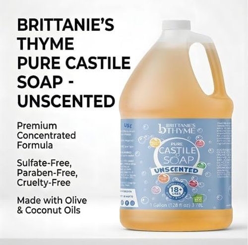Brittanie's Pure Organic Castile Liquid Olive Oil Soap - Unscented Refill, 1 Gallon | Vegan, Biodegradable, Multi-Purpose Cleaner