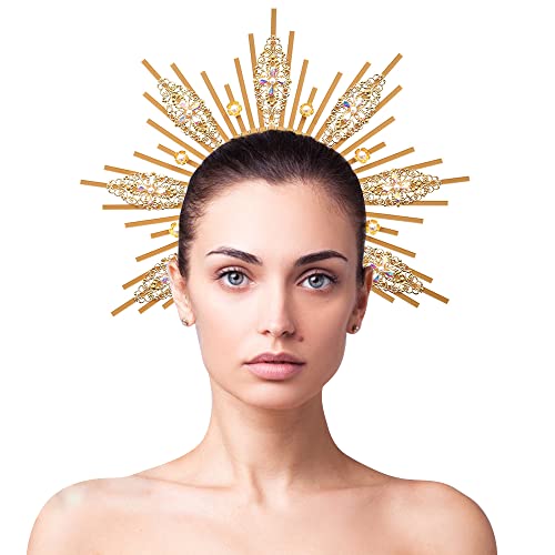 Bubbmi Women Goddess Halo Crown Headband Sunburst Spiked Hair Band Festival Costume Party Cosplay Wedding Photoshoot Headpiece